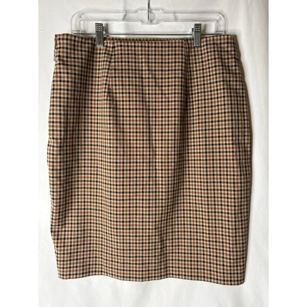 Ann Taylor‎ Factory Brown Plaid Straight Pencil Faux Wrap Skirt 8 Classic Career